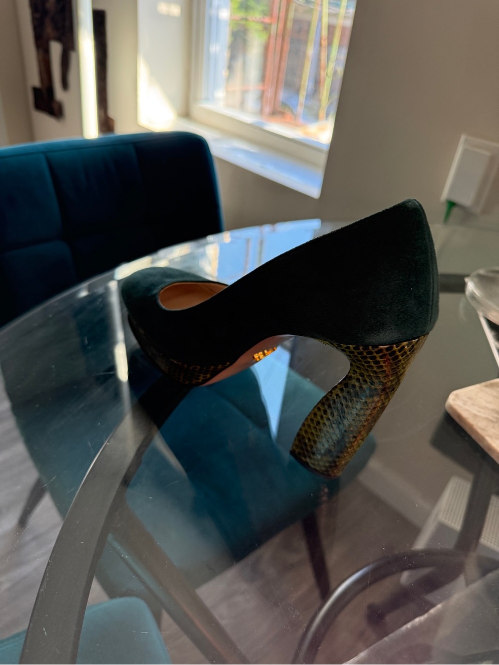 Prada Dark Green Suede Pumps with Olive Snake Textured Heel - Picture 5 of 8